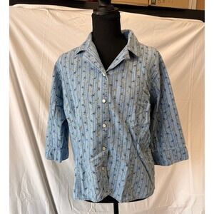 Liz Claiborne Lizwear Jeans Petite Floral Stripe Cotton Button Down Shirt Blue L